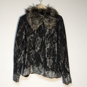 Chico’s Kendall Foil Printed Faux Fur Collar Wool Jacket Grey Sz XL